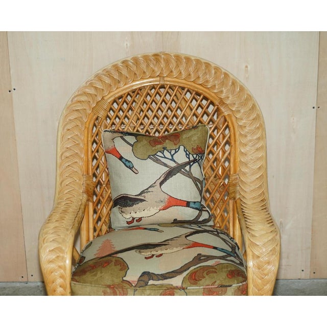Wicker Armchairs, Stool & Side Table with Mulberry Flying Ducks Fabric, Set of 4 For Sale - Image 4 of 18