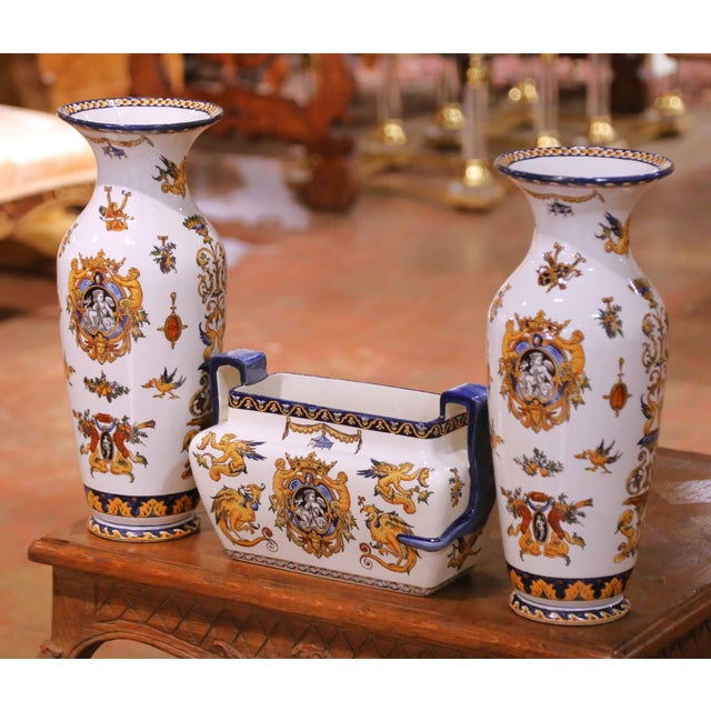 Late 19th Century 19th Century French Gien Faience Renaissance Revival Garniture Set, 3 Pieces For Sale - Image 5 of 17