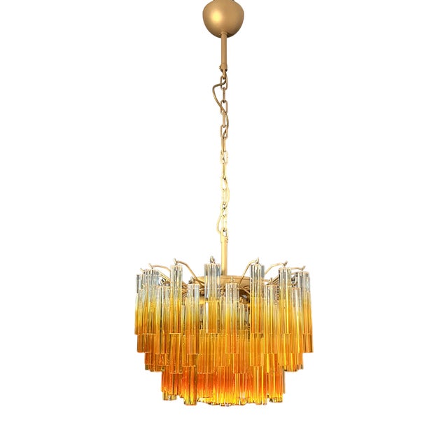 Vintage Chandelier with Quadriedri Amber Shade & Gold Metal Frame, 1990 For Sale