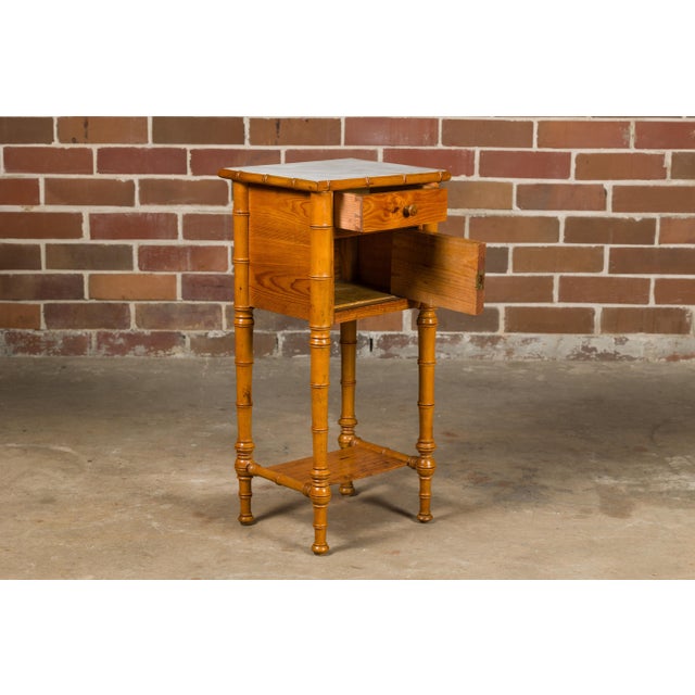 Wood French 19th Century Pine Faux Bamboo Side Table with Marble Top, Door and Drawer For Sale - Image 7 of 12