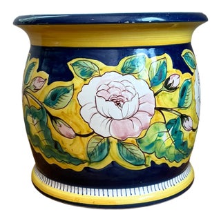 Mid 20th Century Hand Italian Painted Floral Ceramic Planter For Sale