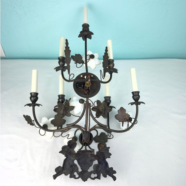 1960s Vintage 7 Light Wrought Iron Wall Sconce With Milk Glass Flowers & Cherub Motif - Matching Sconce Available Separately For Sale - Image 5 of 12