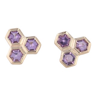 New Amethyst Hexagon Cluster Stud Earrings 14k Yellow Gold - 2 Pieces For Sale