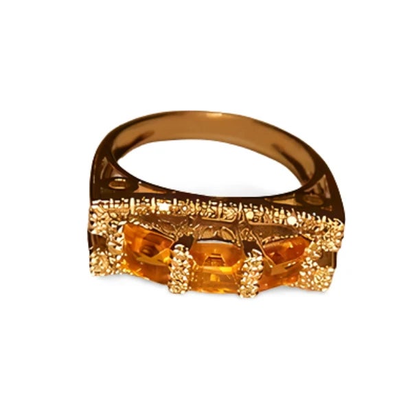 Elegant Estate 14K Yellow Gold Citrine and Diamond Three-Stone Ring featuring 3 natural princess-cut citrines totaling 1...