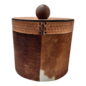 1980s Cowhide and Tooled Leather Ice Bucket, Western Ranch Barware