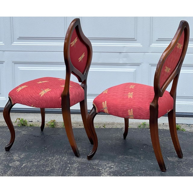 Pair of French Louis XV Style Balloon Back Chairs, Dragonfly Upholstery, Walnut Finish a Pair For Sale - Image 4 of 12