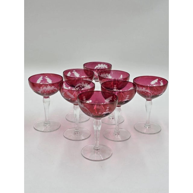 Traditional Antique Edwardian Wine Cranberry Glass Engraved Etched & Pitcher - 9pcs For Sale - Image 3 of 12