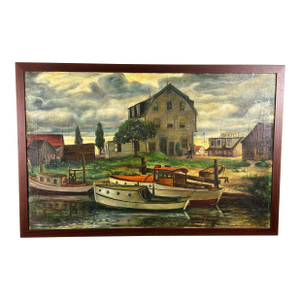 "Harbor Scene" by Rosario Gerbino--Antique Oil on Canvas