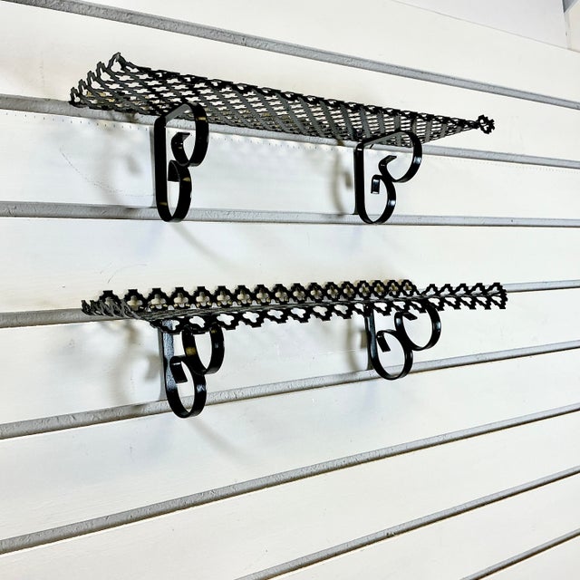 1960s Mid-Century Modern Boho Chic Pierced Metal Wall Mounted Shelves - A Pair For Sale - Image 11 of 16