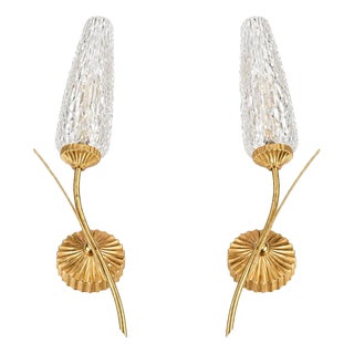 Gold-Toned Wall Sconces with Textured Glass Shades, 1970s, Set of 2 For Sale