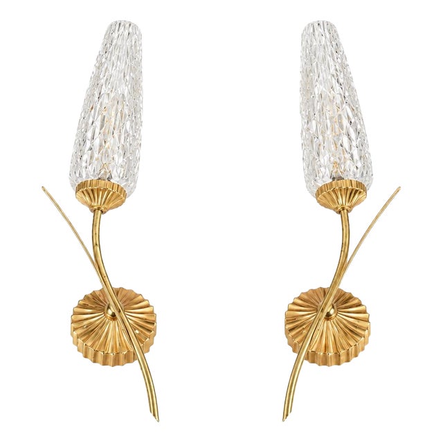 Gold-Toned Wall Sconces with Textured Glass Shades, 1970s, Set of 2 For Sale