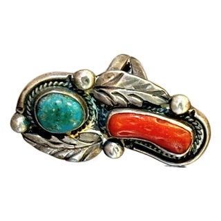 Native American Style Silver/Turquoise/Coral Large Cocktail Ring For Sale