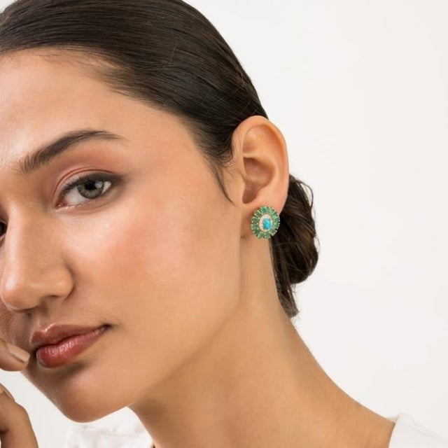 Retro 4.93 Ct Turquoise Emerald Diamond Floral Cluster Stud Earrings in 14k Gold- A Pair For Sale In New York - Image 6 of 14