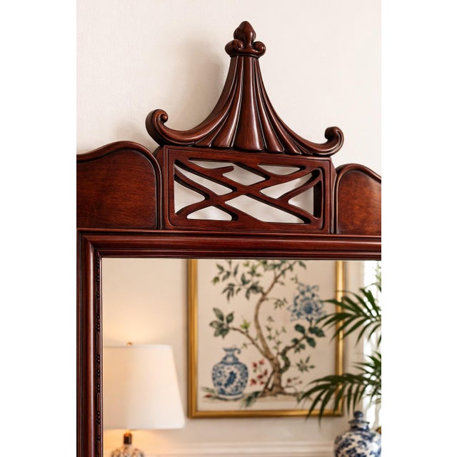 Vintage Chinoiserie Pagoda Crest Mahogany Wall Mirror With Fretwork Panel – Mid Century Hollywood Regency For Sale In Los Angeles - Image 6 of 8