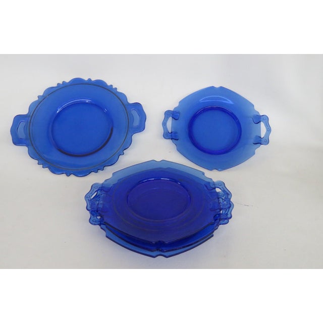 Glass Early 20th Century Le Smith Mount Pleasant Cobalt Blue Glass Plates With Handles Set of Five For Sale - Image 7 of 18
