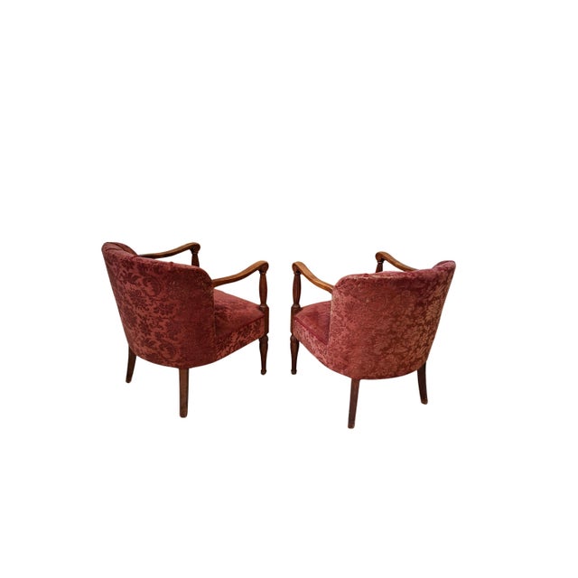 Vintage Oak and Damask Velvet Armchairs, 1960s, Set of 2 For Sale - Image 4 of 13