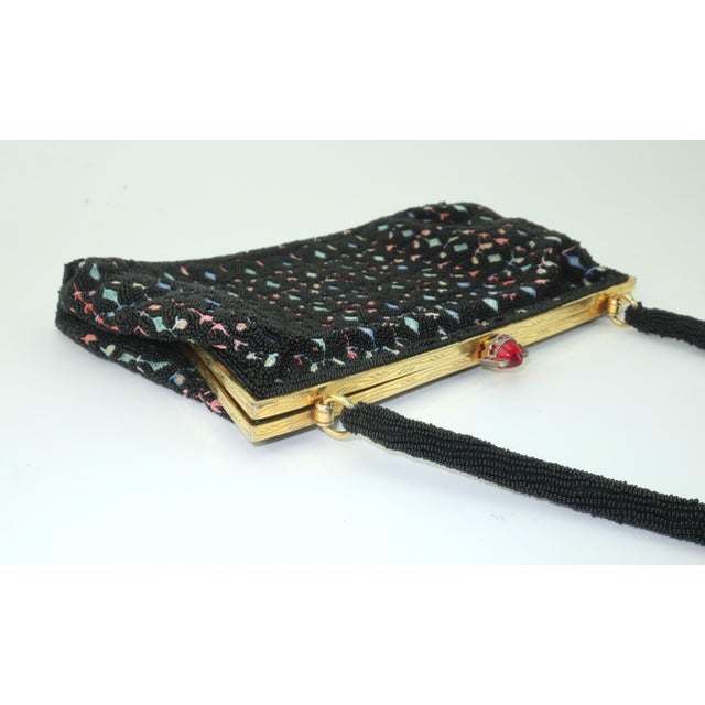 French Black Beaded Handbag With Floral Embroidery, 1950's For Sale - Image 9 of 12