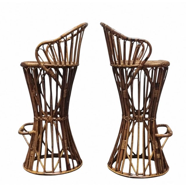 Wood Hourglass-Shaped Woven Wicker Stools in the style of Tito Agnoli, Italy, 1960s, Set of 2 For Sale - Image 7 of 11