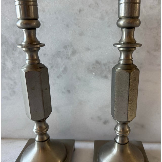 Metal Pair of Vintage Silver Tone Solid Brass Candlesticks For Sale - Image 7 of 10
