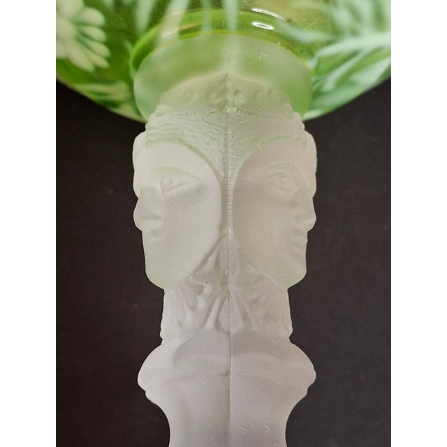 Vintage-Style Green Floral Glass Table Lamp With Frosted Female Head Pedestal Base For Sale - Image 10 of 13