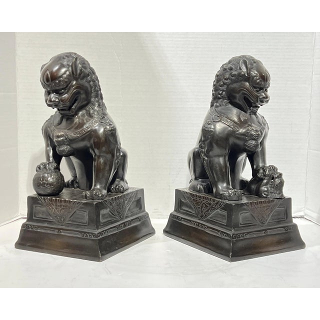 Vintage Patinated Metal Foo Lion Sculptures - A Pair For Sale In New York - Image 6 of 12