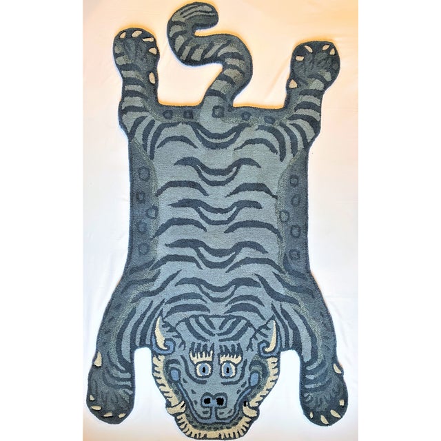 Vintage Blue Tibetan Tiger Hunting Shape Persian Rug For Sale - Image 4 of 7
