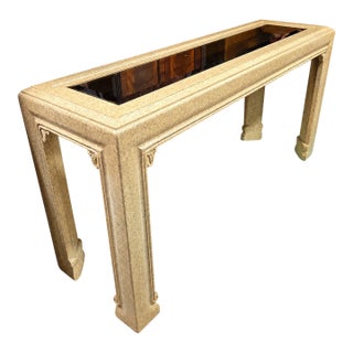 Rare French Mid-Century Parchment Console Table With Recessed Smoked Glass Top, Circa 1950s For Sale