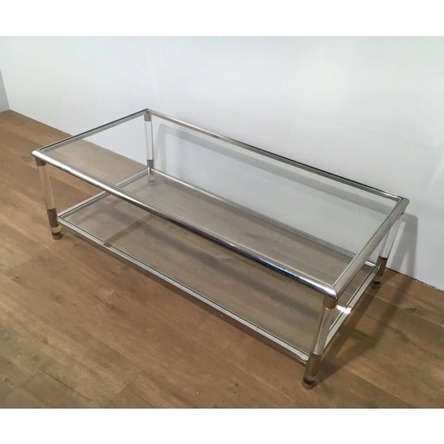 Mid-Century Modern Large Lucite and Chrome 2 Tiers Coffee Table, French, circa 1970 For Sale - Image 3 of 13
