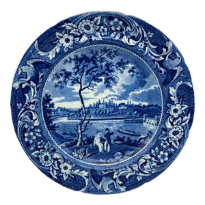 A Very Fine Antique Historical Blue Transferware Decorated Pearlware Plate, "Fair Mount, Near Philadelphia" Circa 1820