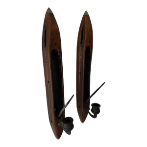 Vintage Wooden Candle Holders from Weaving Shuttle Loom - Set of 2