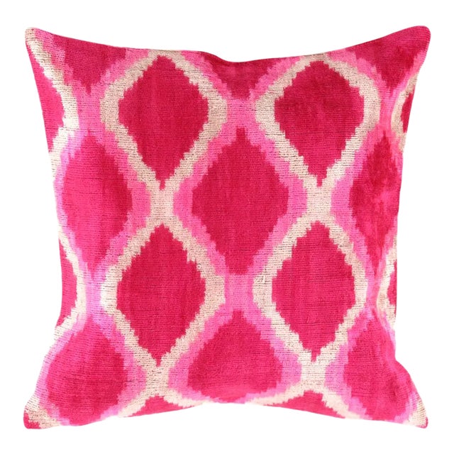 Contemporary Turkish Rose Colors Velvet Silk Ikat Pillow For Sale