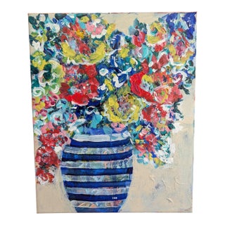 Original Still Life Expressionist Floral Bouquet in a Blue Striped Vase Painting For Sale