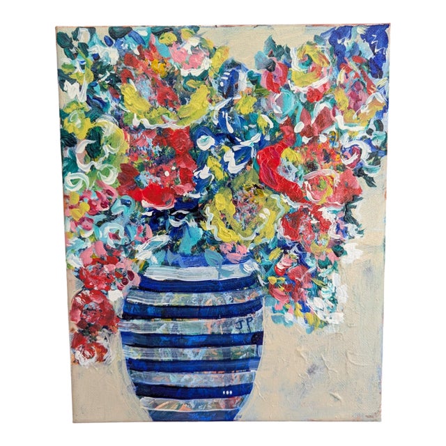 Original Still Life Expressionist Floral Bouquet in a Blue Striped Vase Painting For Sale