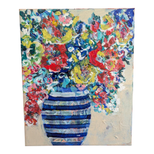 Original Still Life Expressionist Floral Bouquet in a Blue Striped Vase Painting