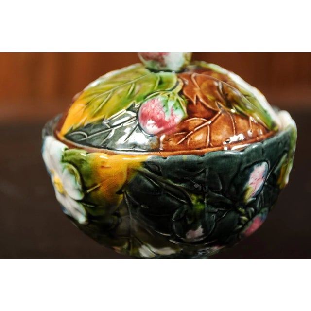 Teal 19th Century French Lidded Majolica Strawberry Bowl with Flowers and Foliage For Sale - Image 8 of 13