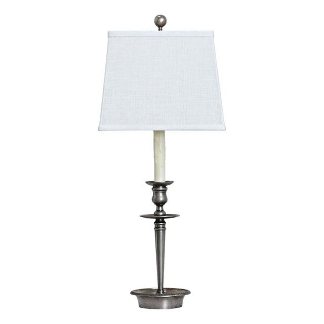 French Vintage Pewter Table Lamp With Custom Linen Shade For Sale