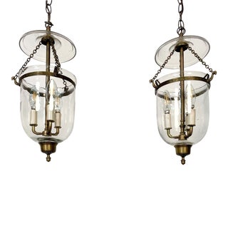 Pair Bell Jar Lanterns or Pendants, Brass and Glass, Domed For Sale