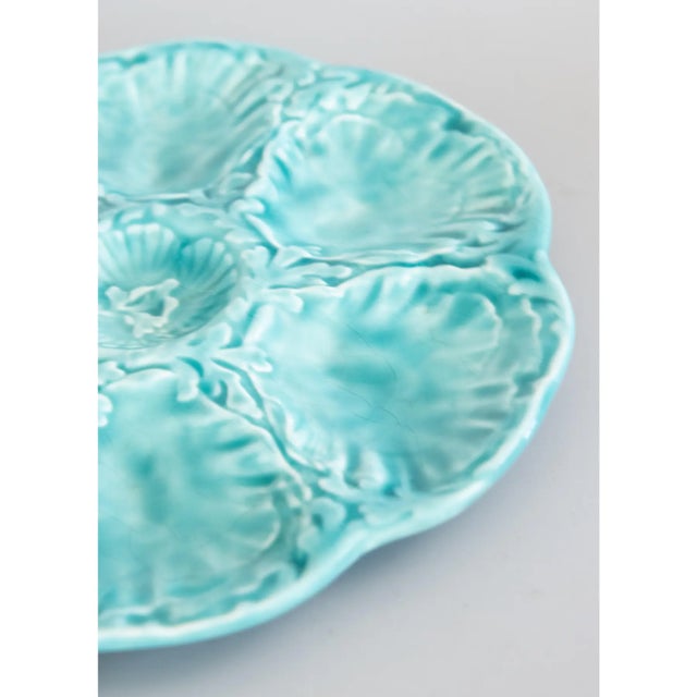 A lovely turquoise French majolica oyster plate. Skilfully crafted design of 6 wells depicting natural shells for oysters...