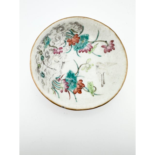 Beautiful antique Chinese Nyonya porcelain offering dish or bowl. Lovely painted scene featuring flowers and two cranes....