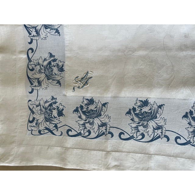 Vintage Blue and White Damask Tablecloth For Sale - Image 9 of 11
