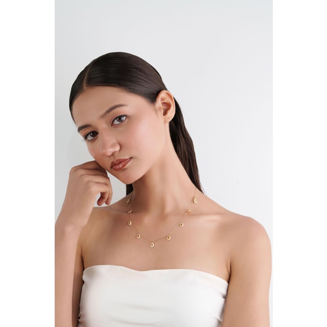 Modern 2.24ct Citrine & Diamond Halo Station Charm Necklace in 14k Yellow Gold For Sale - Image 11 of 18