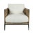 Unique modern club chair with handsome salvaged pine wood frame. Hand hammered iron legs and ivory toned plush cushions....