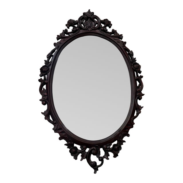 Vintage Hand Carved Wooden Oval Wall Mirror For Sale