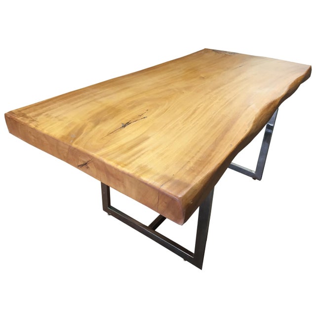 Mid-Century Modern Live Edge Soilid Slab with Chrome Base Monkey Pod Desk For Sale - Image 9 of 9
