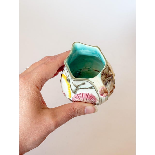 Ceramic Antique Wedgwood Majolica Seashell Creamer Pitcher – Turquoise Interior, Victorian Seaweed Pattern (C. 1870s) For Sale - Image 7 of 10