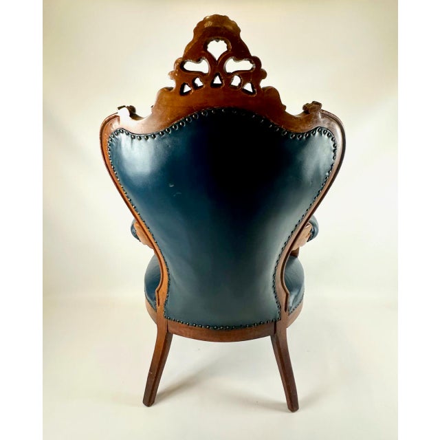 Antique French Armchair in Walnut and Blue Leather, 1890s For Sale - Image 5 of 18