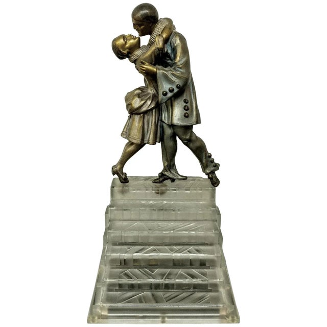 Metal French Art Deco Table Lamp Signed by Sabino with Linousin, Pierrot et Colombine For Sale - Image 7 of 8