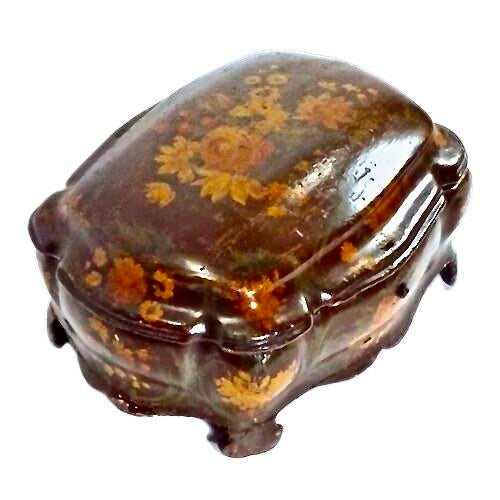 Antique handmade and painted papier mâché floral jewelry box with hand-painted florals decorating the surface with brass...
