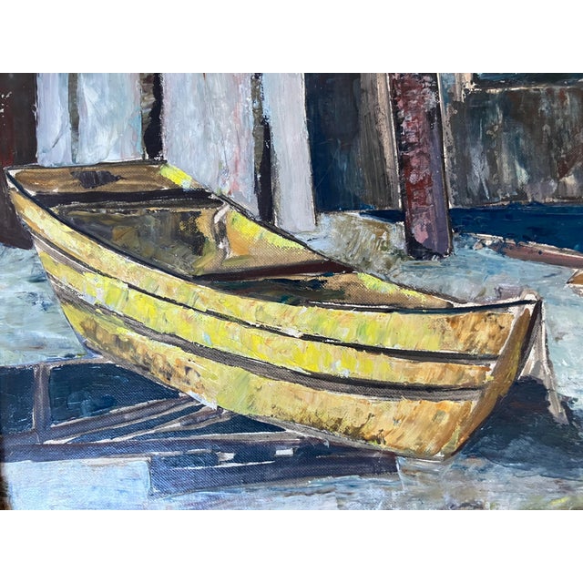 1950s Mid Century Oil Painting Coastal Boat Yard by California Regionist Artist, Signed & Framed For Sale - Image 5 of 11