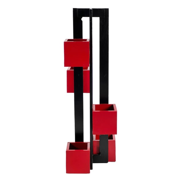Vintage 1960s Handmade Modern Painted Black & Red Wood De Stilj Staggered Cubes Floor Planter For Sale - Image 10 of 11